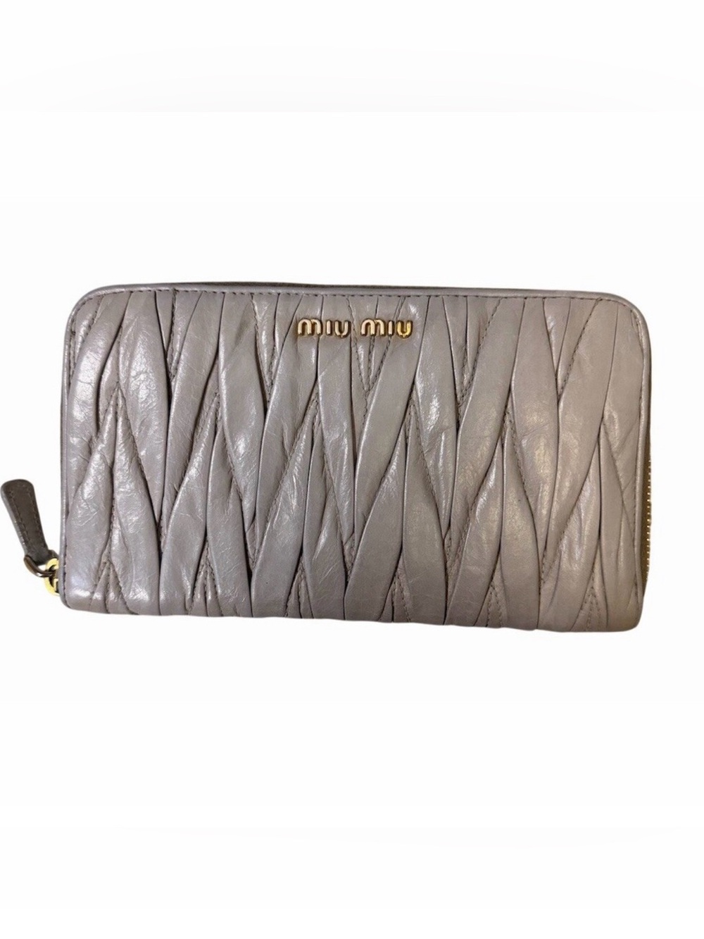 Miu Miu Matelassé Grey Nappa Gold Tone Leather Zip Around Wallet